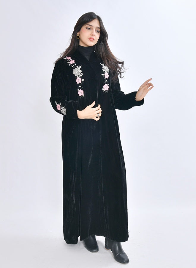HAWRAA ABAYA Blossom abaya crafted from soft black velvet fabric, adorned with refined hand embroidery featuring delicate embellishments and floral motifs - Image 5